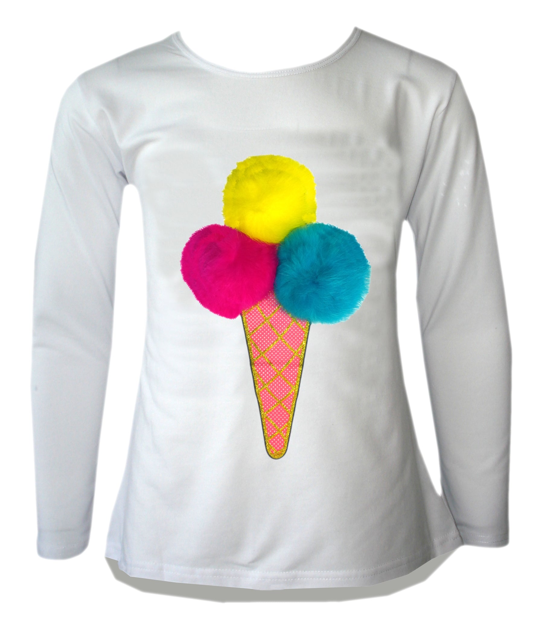 Girls Ice Cream Cone Pom Pom Scoops Top - White