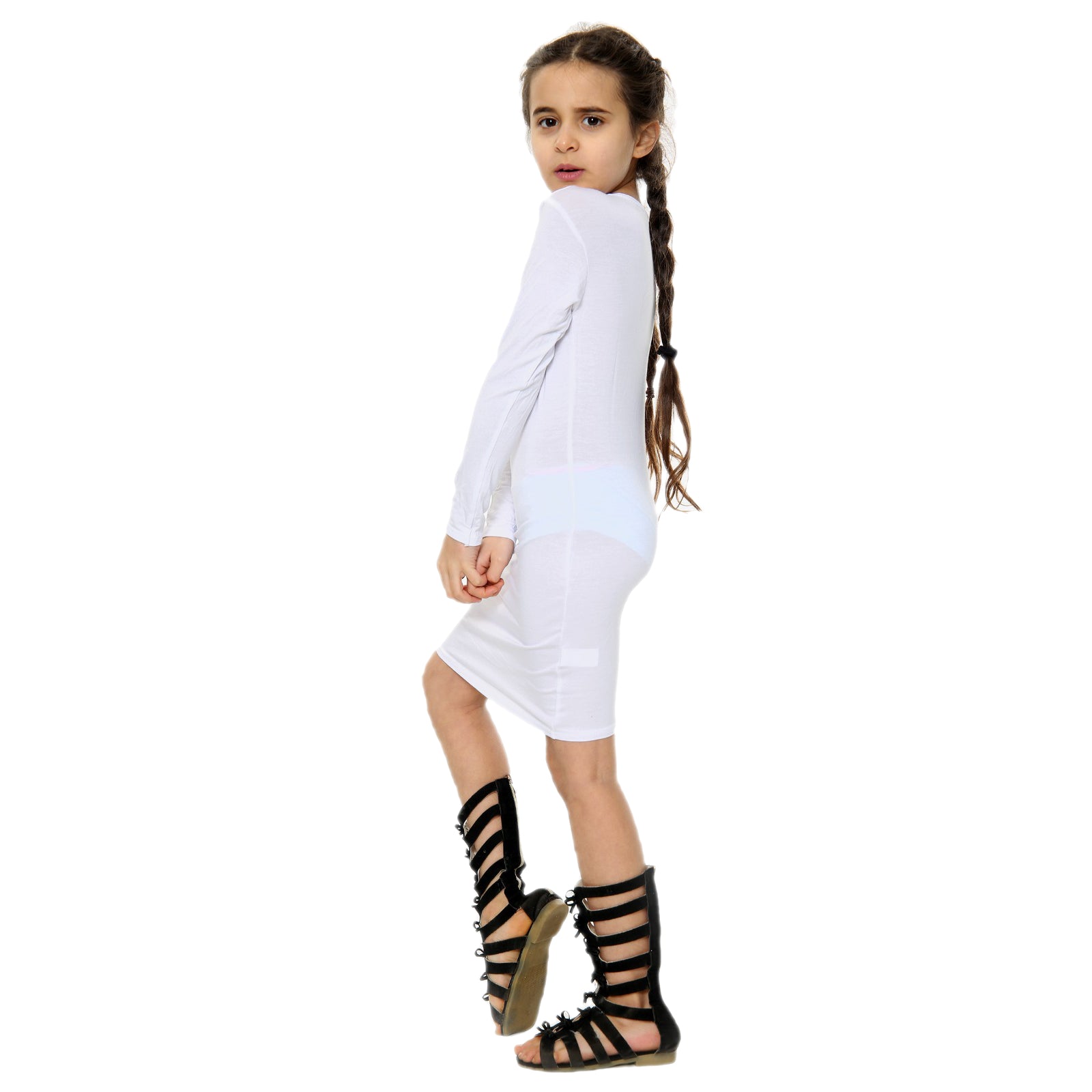 Girls Long Sleeve Bodycon Midi Dress - White