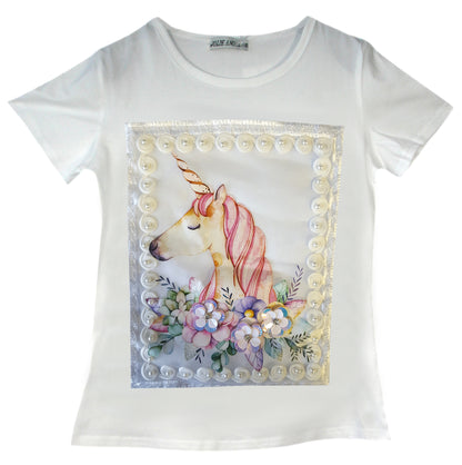Girls Unicorn Floral Pearls T-Shirt