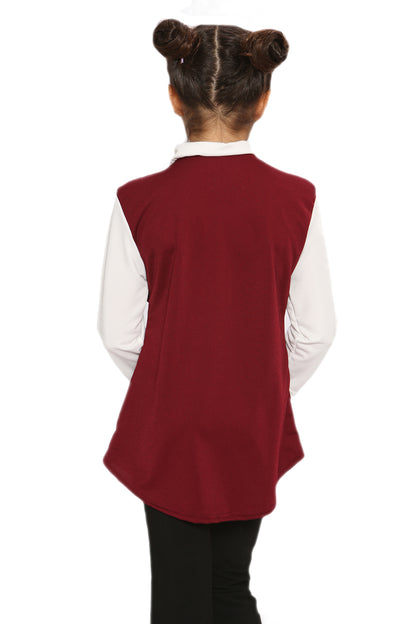 Girls Contrast Collar Tie Bow Knot Tops - Wine