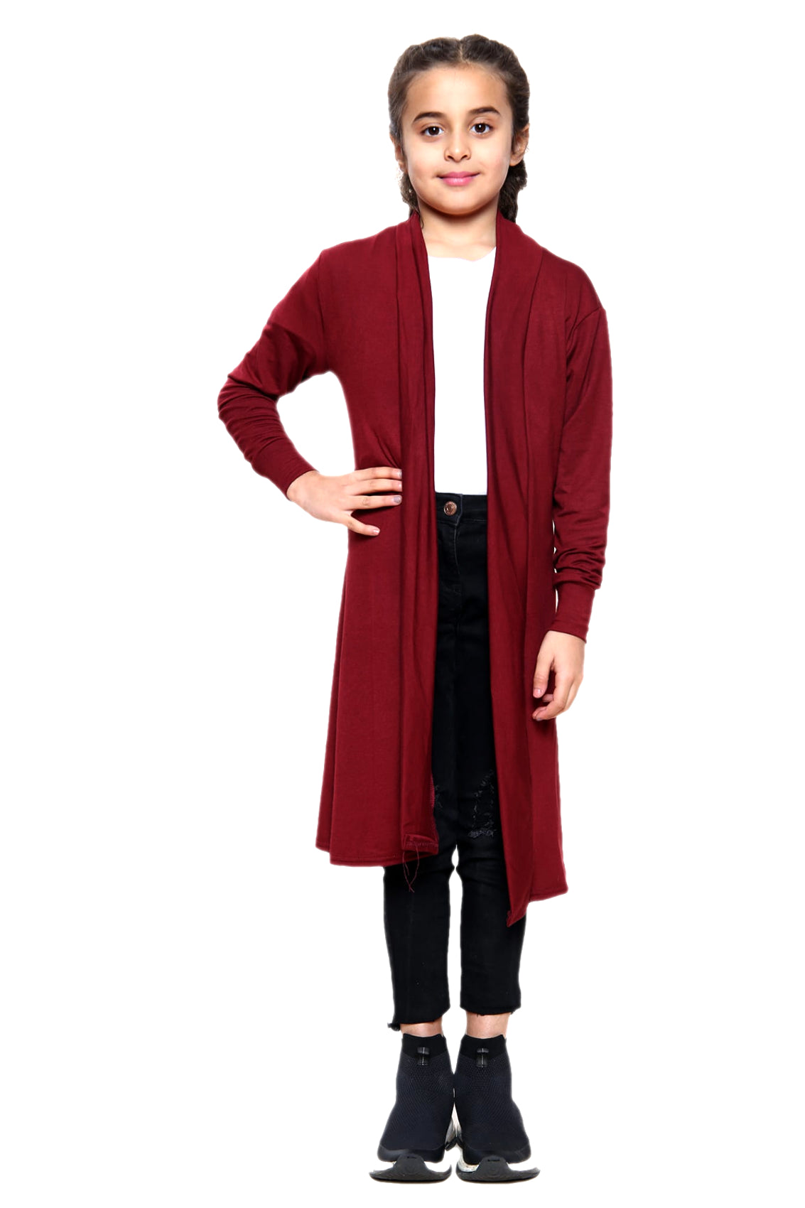 Girls Long Boyfriend Cardigan - WIne Red