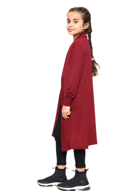 Girls Long Boyfriend Cardigan - Wine Red