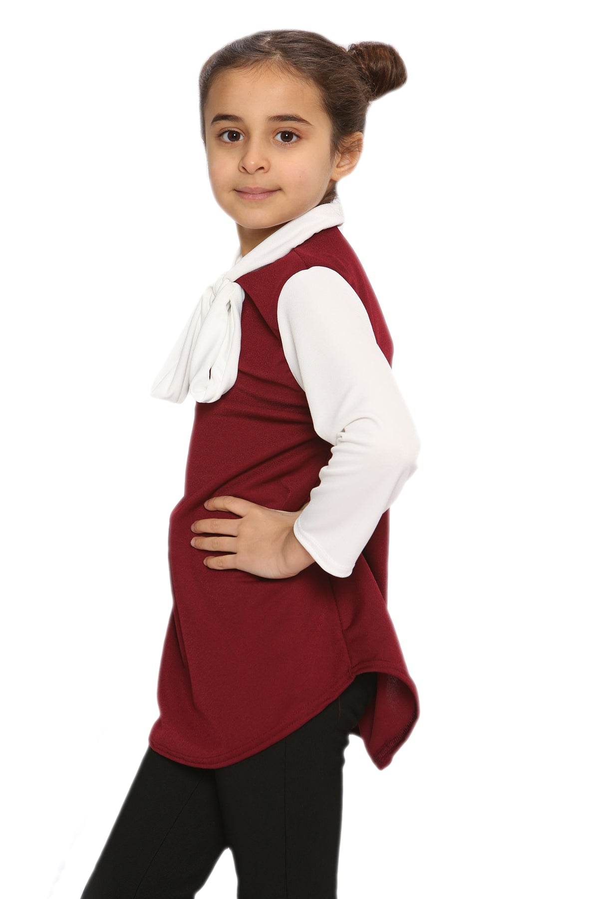 Girls Contrast Collar Tie Bow Knot Tops - Wine