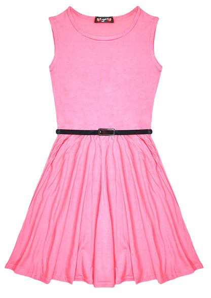 New Girls Plain Retro Skater Dress with Belt Age Size 7 8 9 10 11 12 13 years