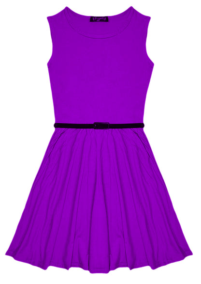 New Girls Plain Retro Skater Dress with Belt Age Size 7 8 9 10 11 12 13 years