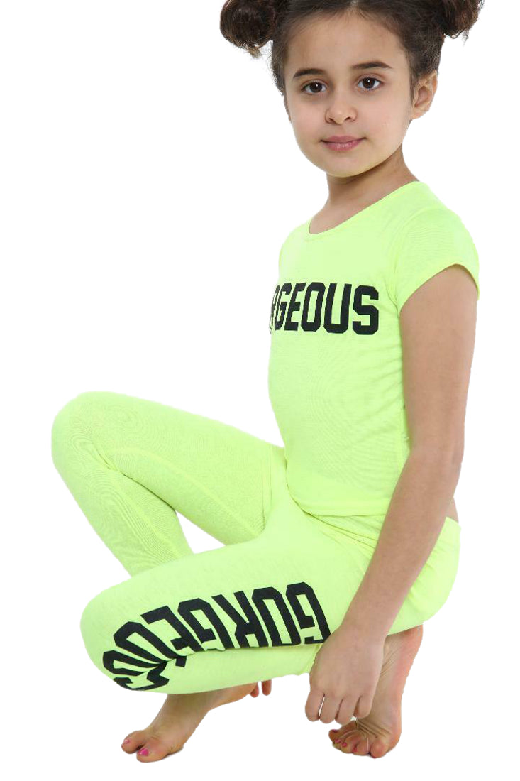 Girls Gorgeous Print Neon Crop Top & Leggings Set - Yellow