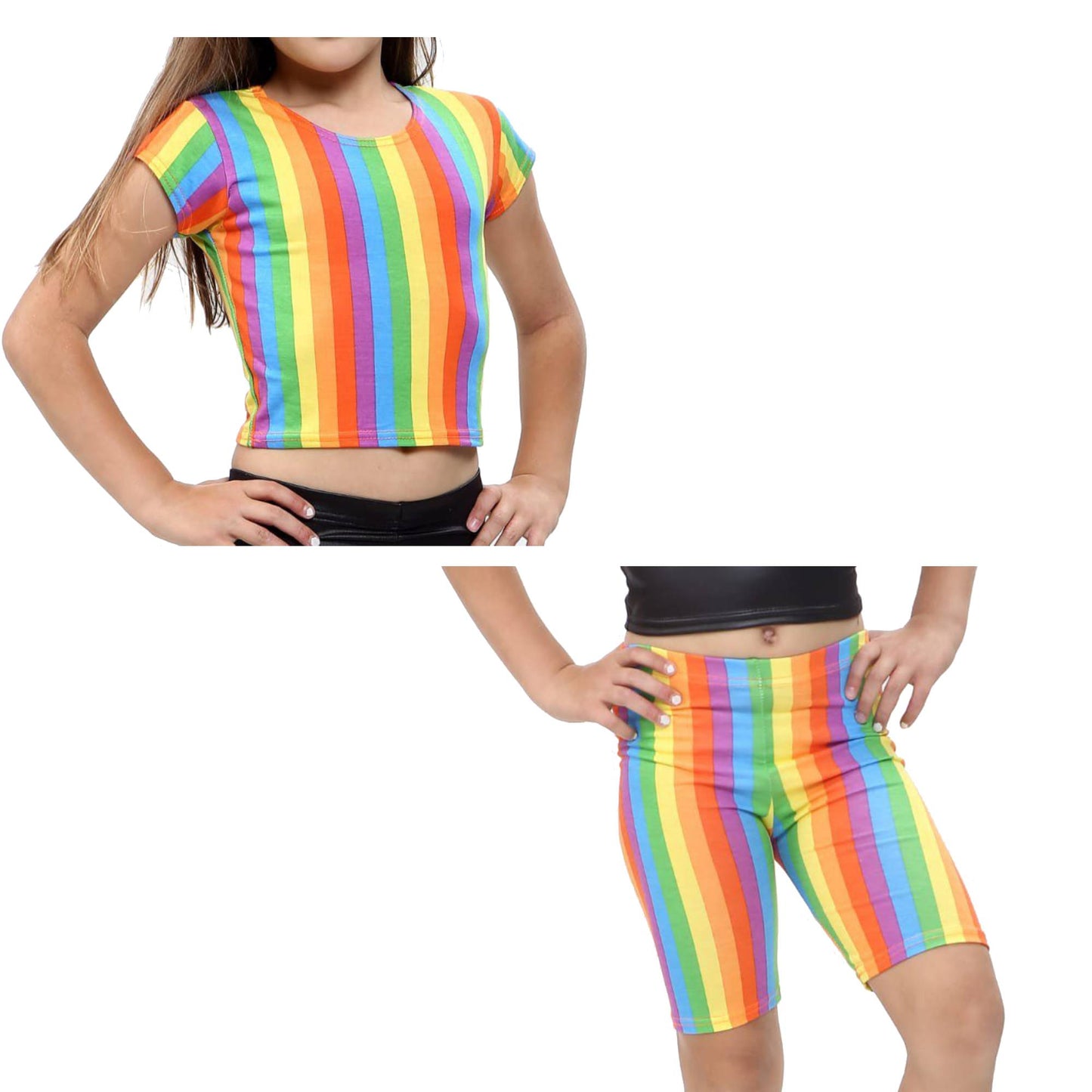 Girls Rainbow Crop Top Leggings Shorts Set Childrens Shirt Summer Party 5 - 13 Years