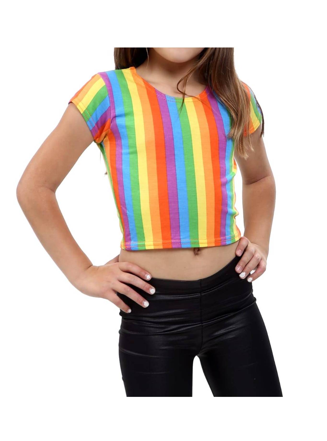 Girls Rainbow Crop Top Leggings Shorts Set Childrens Shirt Summer Party 5 - 13 Years