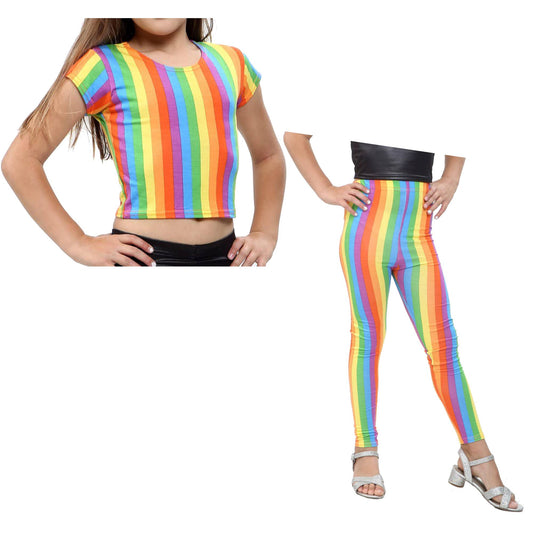 Girls Rainbow Crop Top Leggings Shorts Set Childrens Shirt Summer Party 5 - 13 Years