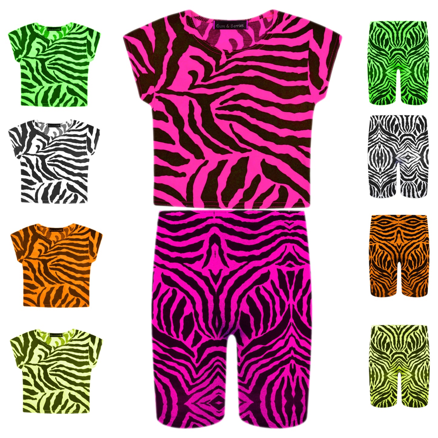 Girls Zebra Print Neon Crop Tops & Shorts