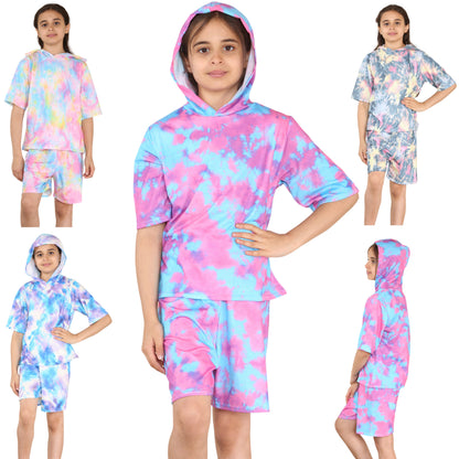 Girls Tie Dye Hooded Top & Shorts Outfit