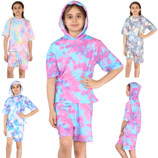 Girls Tie Dye Hooded Top & Shorts Outfit