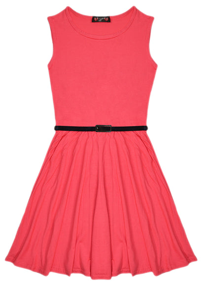 New Girls Plain Retro Skater Dress with Belt Age Size 7 8 9 10 11 12 13 years