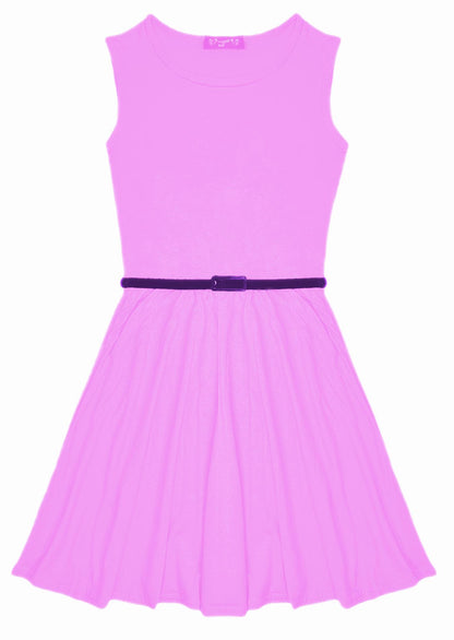 New Girls Plain Retro Skater Dress with Belt Age Size 7 8 9 10 11 12 13 years