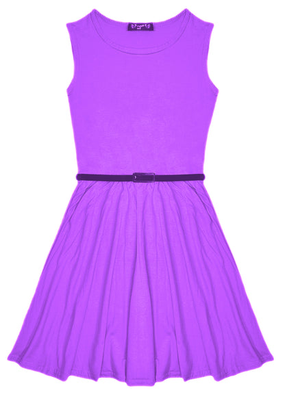 New Girls Plain Retro Skater Dress with Belt Age Size 7 8 9 10 11 12 13 years