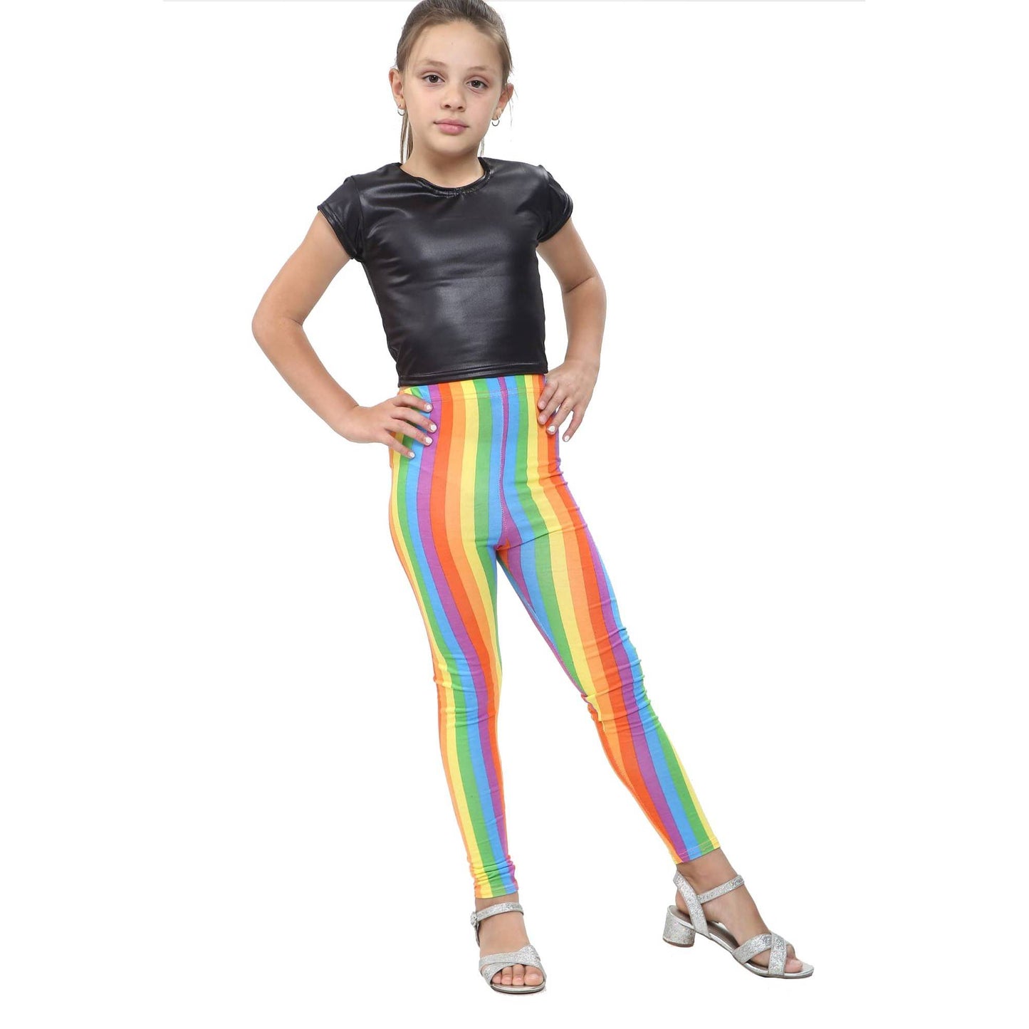 Girls Rainbow Crop Top Leggings Shorts Set Childrens Shirt Summer Party 5 - 13 Years