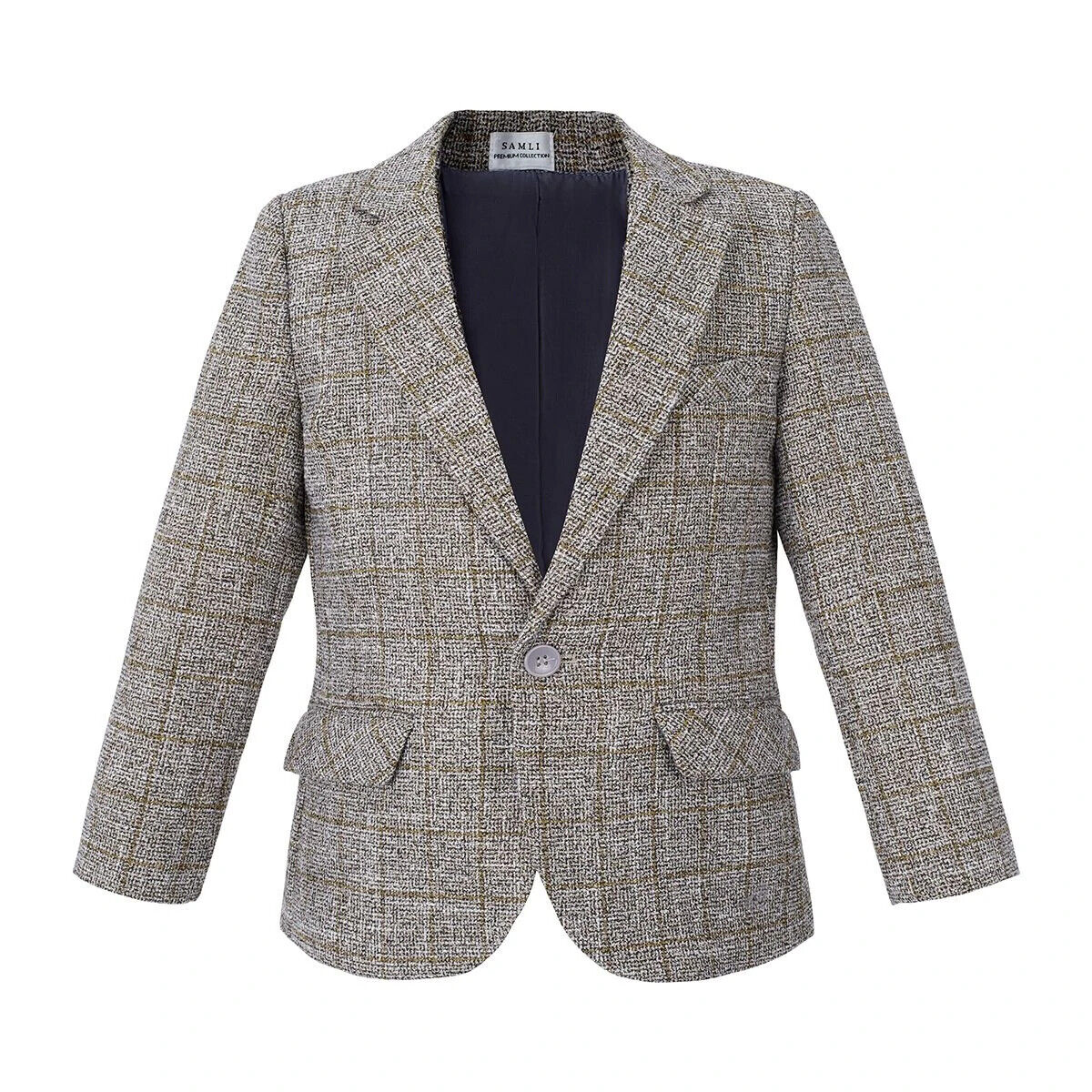 Boys Tweed Check Blazer Formal Party Kids Long Sleeve Button Notch Lapel Beige