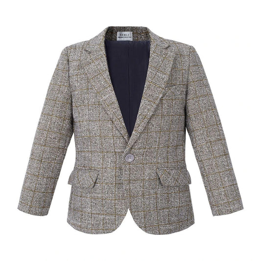 Boys Tweed Check Blazer Formal Party Kids Long Sleeve Button Notch Lapel Beige