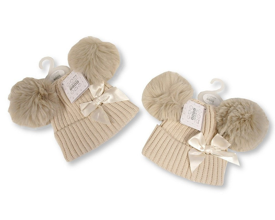 Baby Girl / Boy Woven Ribbed Bobble Beanie Hat Pompom Winter Cap Newborn - 12M