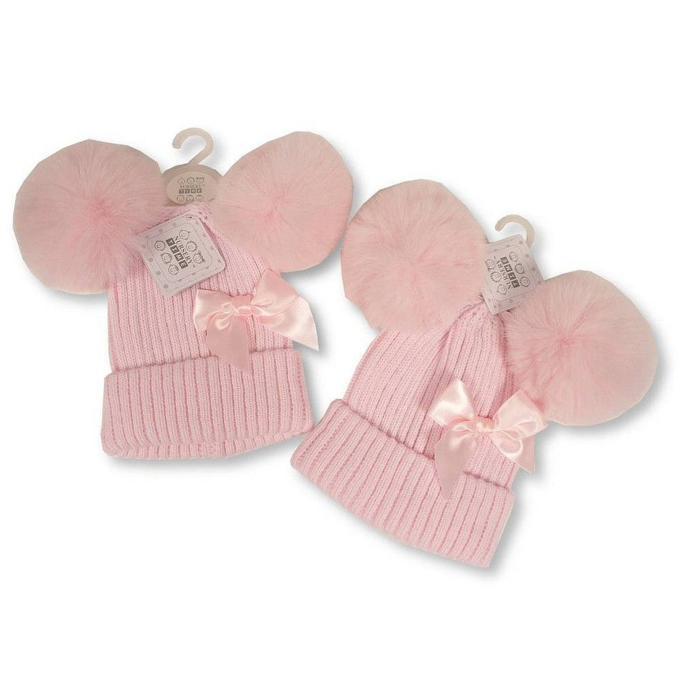 Baby Girl / Boy Woven Ribbed Bobble Beanie Hat Pompom Winter Cap Newborn - 12M