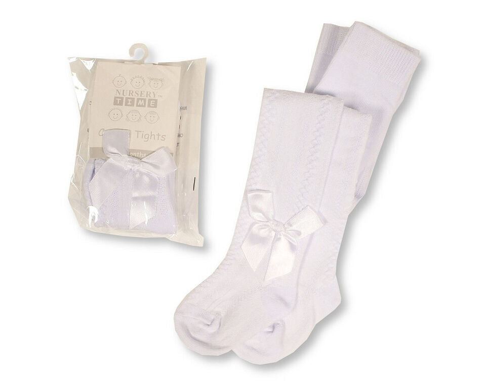 Baby Infant Cotton Tights Plain & Bow Babies Newborn - 24 Months / White & Pink