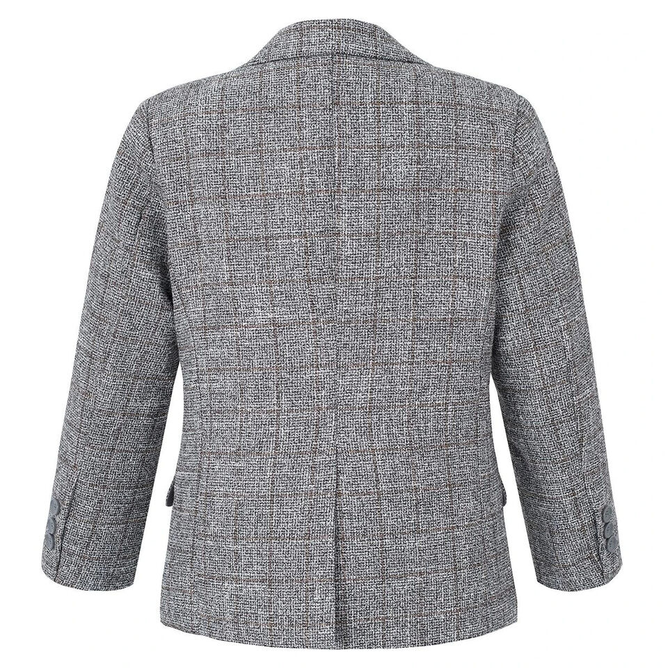 Boys Tweed Check Blazer Formal Party Kids Long Sleeve Button Notch Lapel Grey