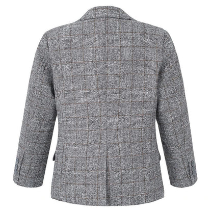 Boys Tweed Check Blazer Formal Party Kids Long Sleeve Button Notch Lapel Grey