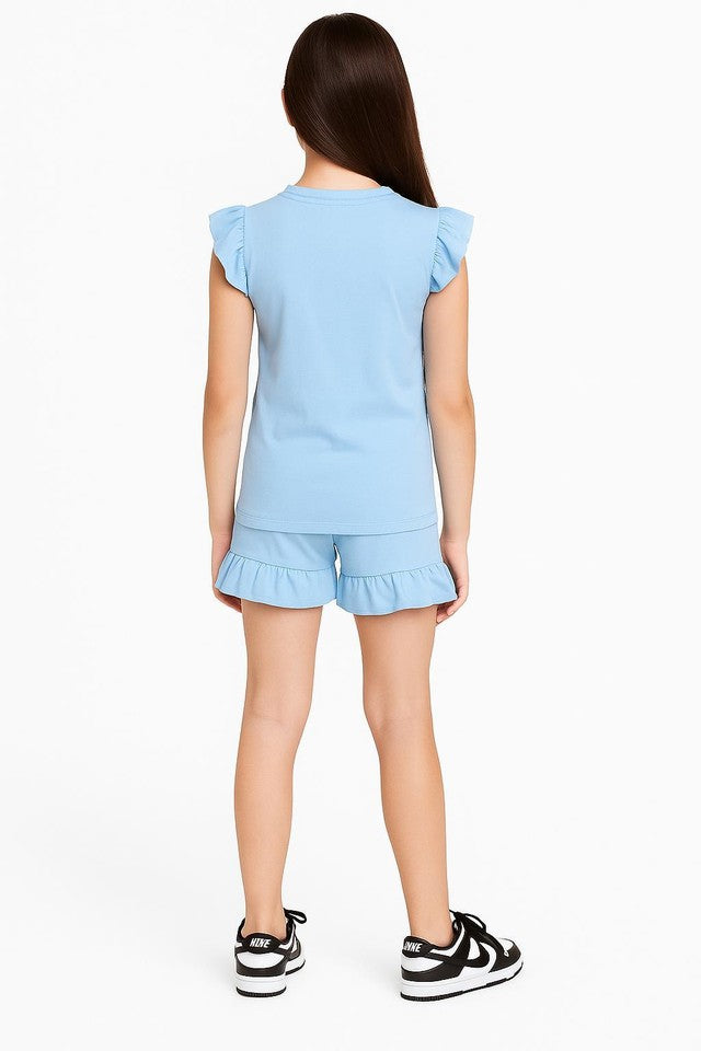 Girls Ruffled Shirt & Shorts Set Summer Holiday 5 - 13 Years 2 Piece Outfit