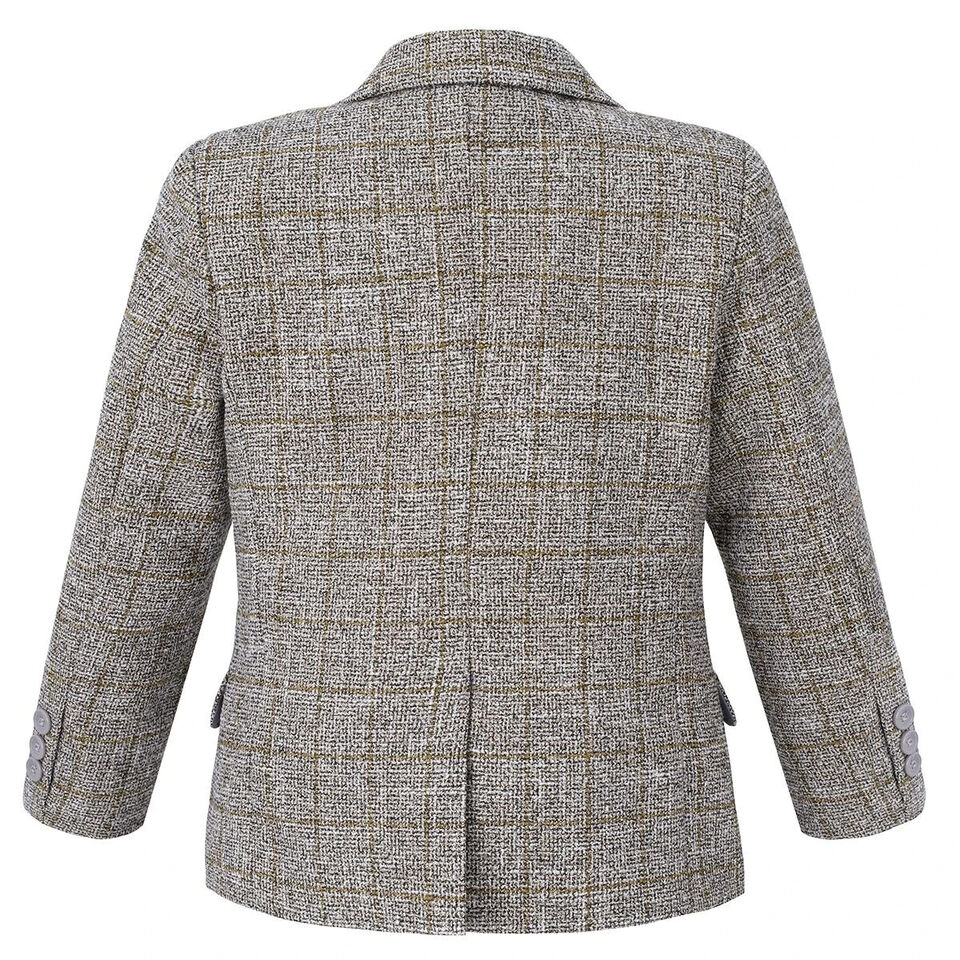 Boys Tweed Check Blazer Formal Party Kids Long Sleeve Button Notch Lapel Beige