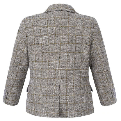 Boys Tweed Check Blazer Formal Party Kids Long Sleeve Button Notch Lapel Beige
