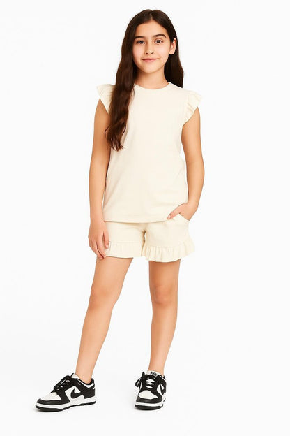 Girls Ruffled Shirt & Shorts Set Summer Holiday 5 - 13 Years 2 Piece Outfit