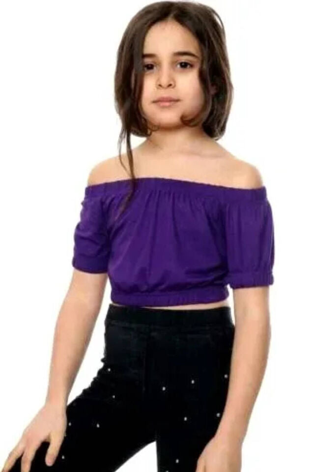 Girls Bardot Crop Top Childrens Off Shoulder Top Pullover 5 - 13 Years T-Shirt