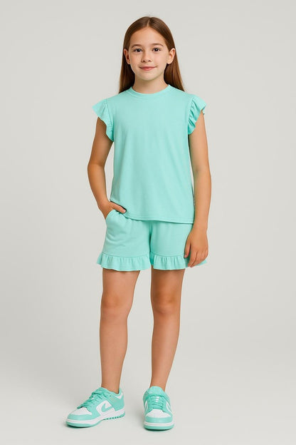 Girls Ruffled Shirt & Shorts Set Summer Holiday 5 - 13 Years 2 Piece Outfit