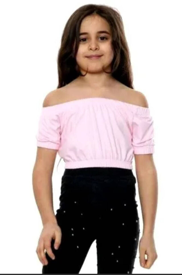 Girls Bardot Crop Top Childrens Off Shoulder Top Pullover 5 - 13 Years T-Shirt