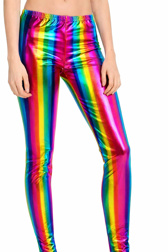Kids Rainbow Metallic Crop Top Shorts & Leggings Set Shiny Festival Dance Outfit