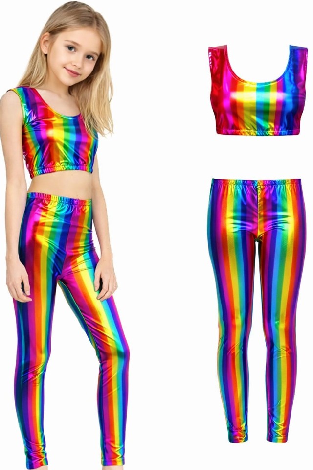 Kids Rainbow Metallic Crop Top Shorts & Leggings Set Shiny Festival Dance Outfit
