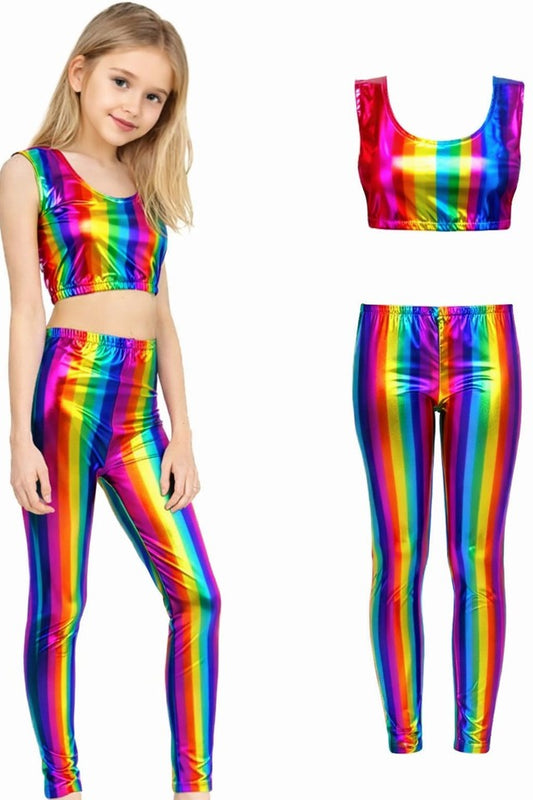 Kids Rainbow Metallic Crop Top Shorts & Leggings Set Shiny Festival Dance Outfit