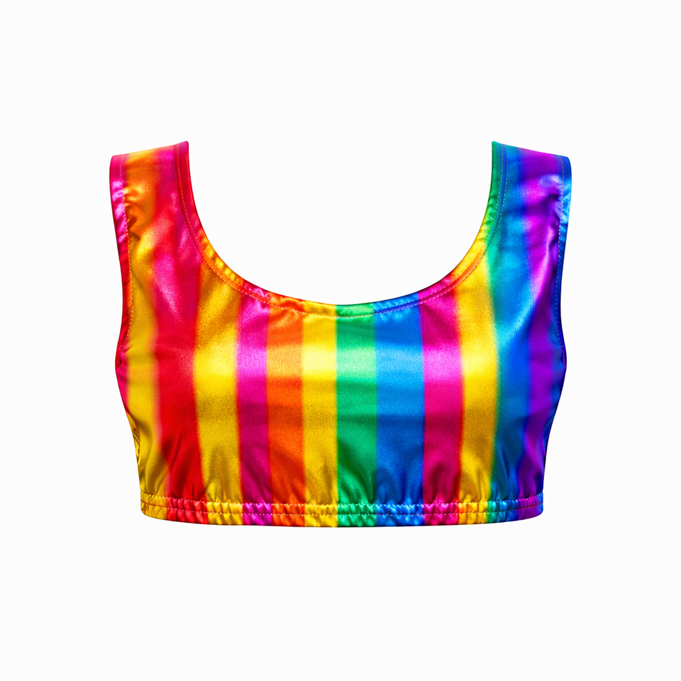Kids Rainbow Metallic Crop Top Shorts & Leggings Set Shiny Festival Dance Outfit