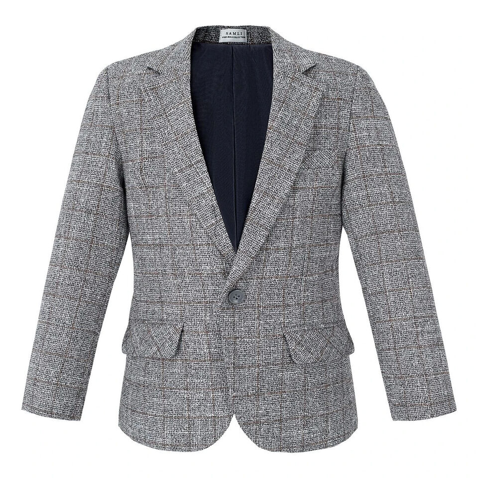 Boys Tweed Check Blazer Formal Party Kids Long Sleeve Button Notch Lapel Grey