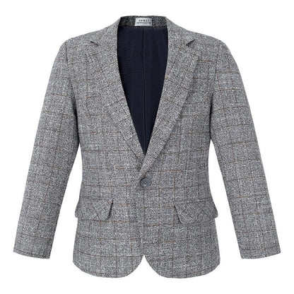 Boys Tweed Check Blazer Formal Party Kids Long Sleeve Button Notch Lapel Grey