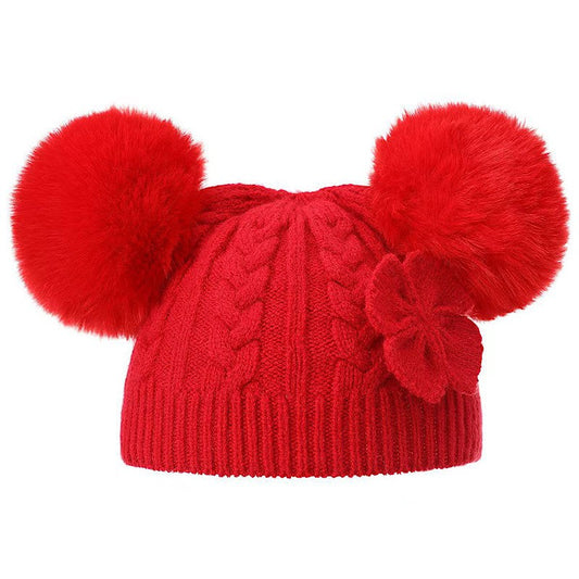Baby Girls Pom Pom Hat Newborn 0-12 Months Flower Bow Warm Winter Hat