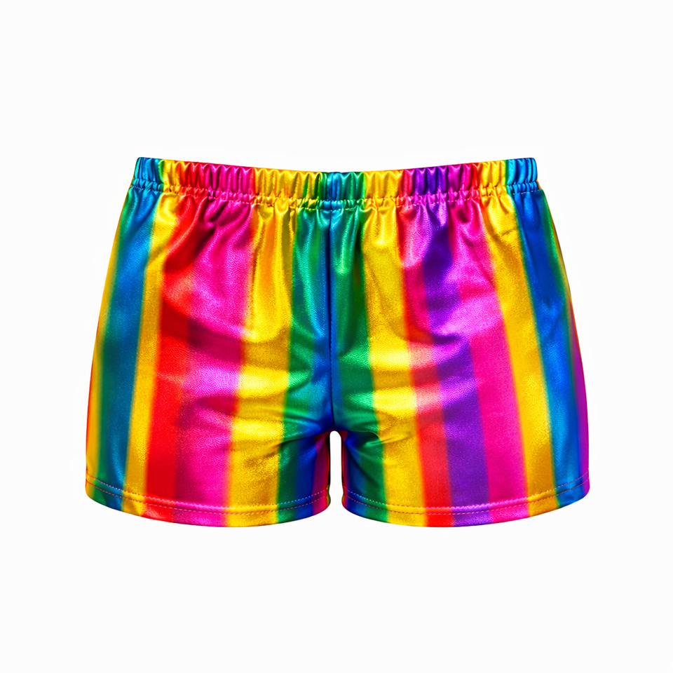 Kids Rainbow Metallic Crop Top Shorts & Leggings Set Shiny Festival Dance Outfit