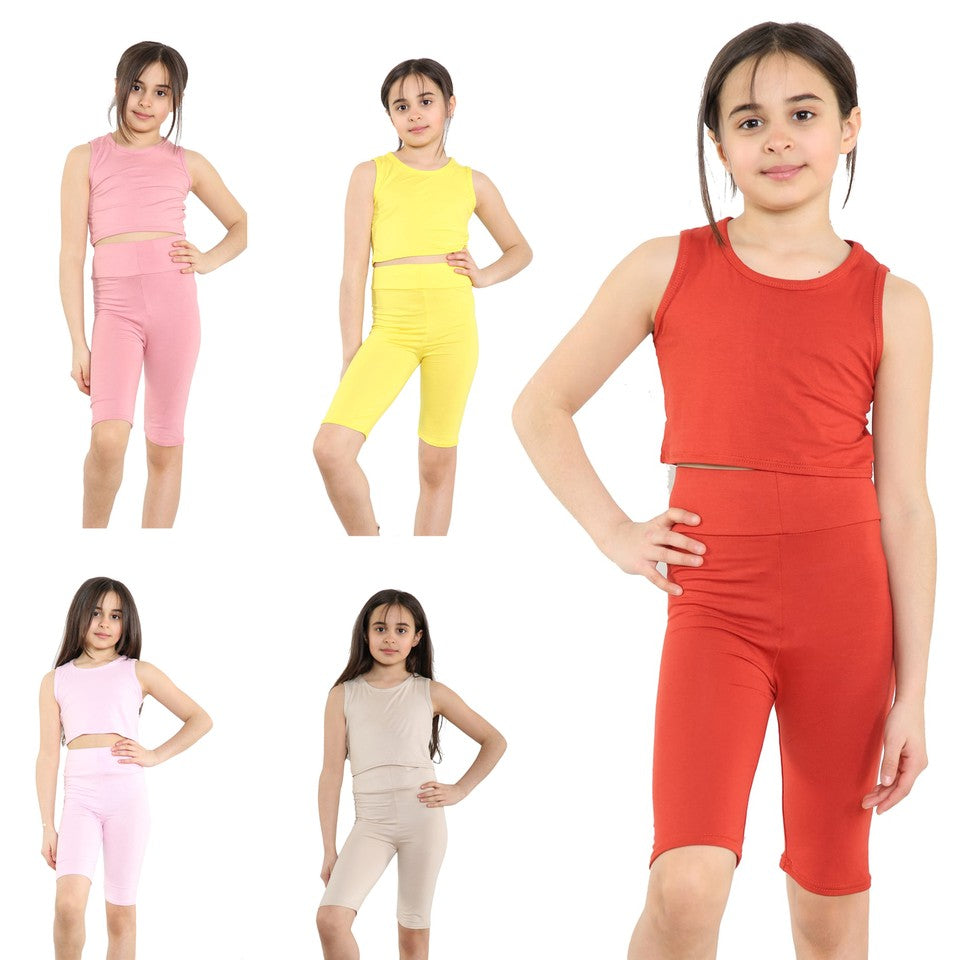 Girls Crop Top & Shorts Set Childrens 5 - 13 Years Summer Vest Top Cycle Shorts