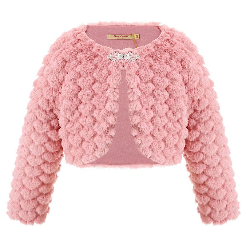 Girls Bolero Shrug Ivory Faux Fur Long Sleeve Tippet Diamante Fastening