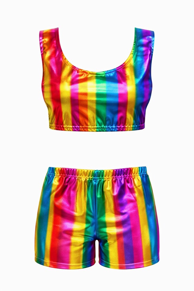 Kids Rainbow Metallic Crop Top Shorts & Leggings Set Shiny Festival Dance Outfit