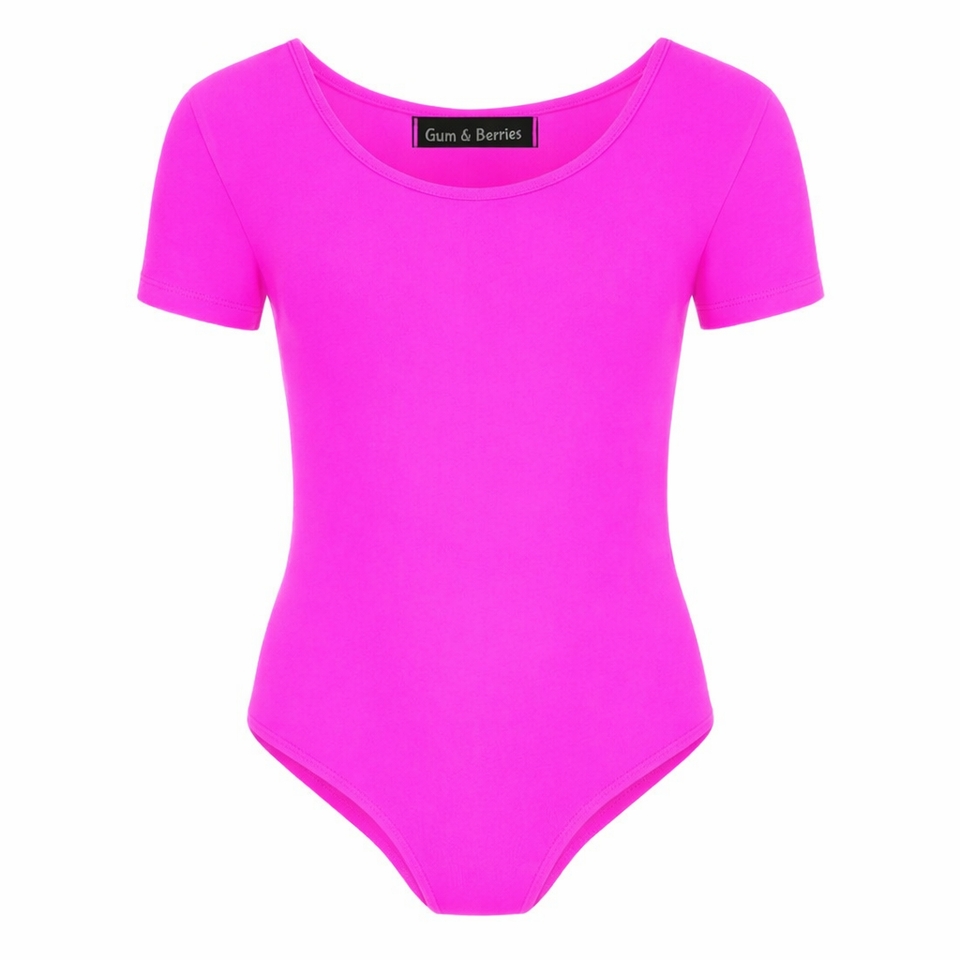 Girls Dance Leotard Plain Microfibre Stretchy Ballet Short Sleeve Bodysuit Gym