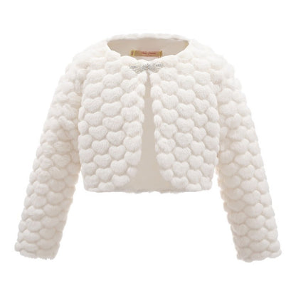 Girls Bolero Shrug Ivory Faux Fur Long Sleeve Tippet Diamante Fastening