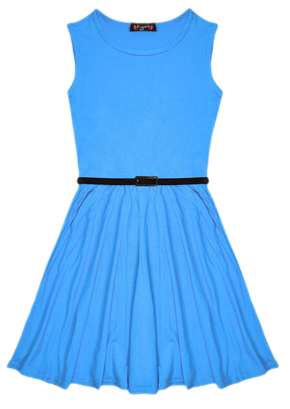New Girls Plain Retro Skater Dress with Belt Age Size 7 8 9 10 11 12 13 years