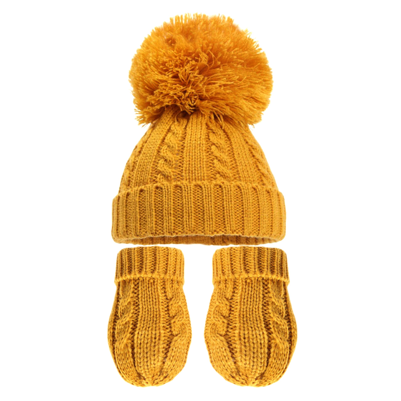 Knitted Bobble Hat and Gloves Set - Mustard