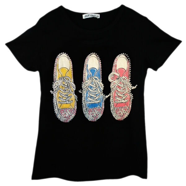 Girls Shiny Love & Trainers Print T-Shirts - Black Shoe